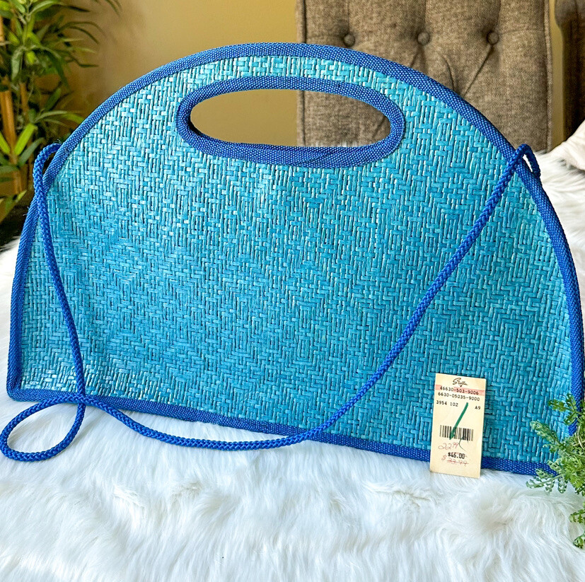 Vintage Vanessa Wicker Woven Purse Blue Half Circle Moon Beach Bag Tote Clutch