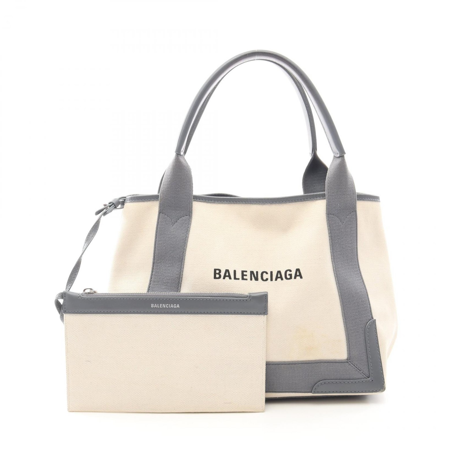 BALENCIAGA NAVY CABAS S Tote Handbag 339933 canvas leather White Gray Used Women