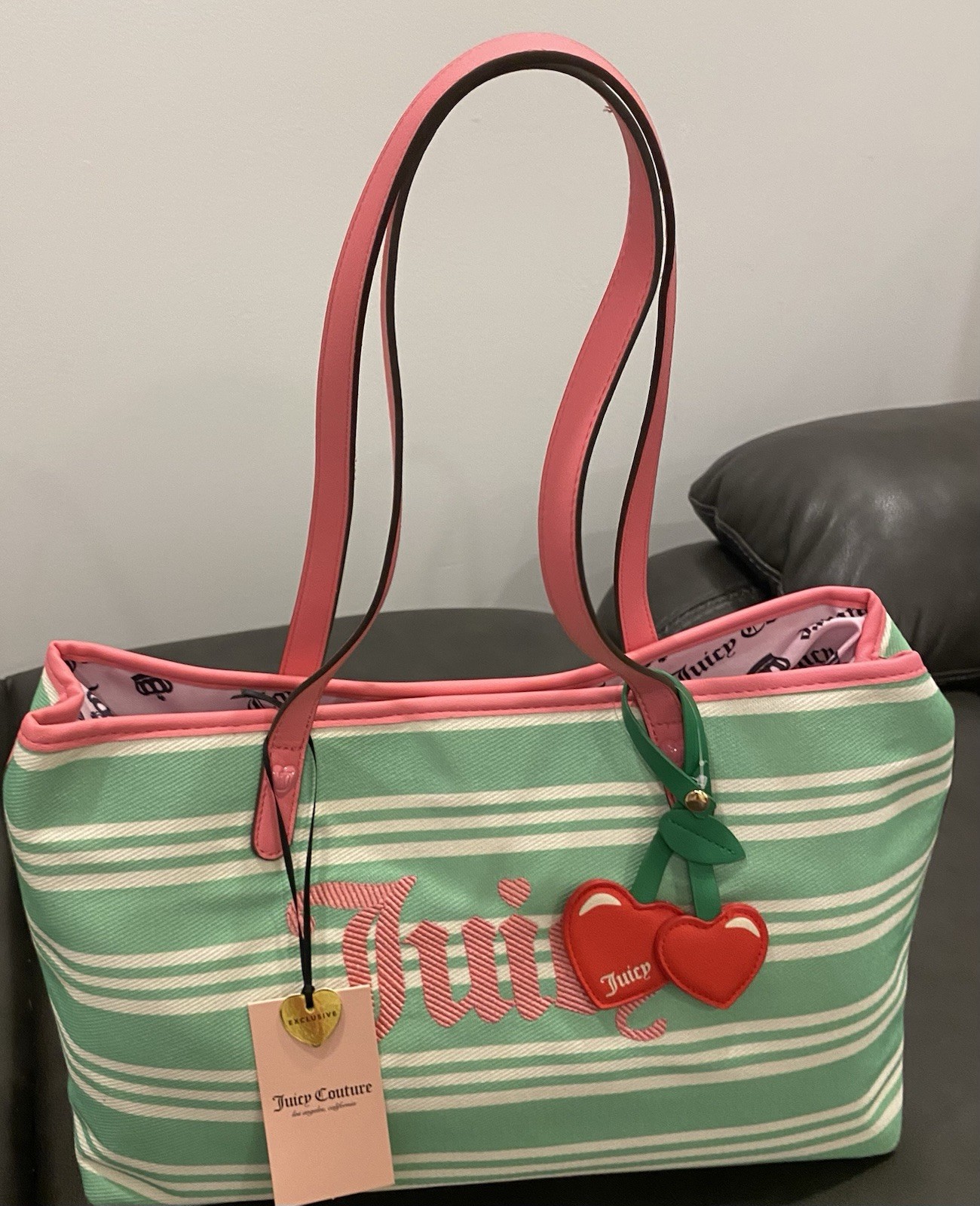 Juicy Couture Juicy Paradise Tote Retro Green White Pink Cherry Stripe Bag NWT