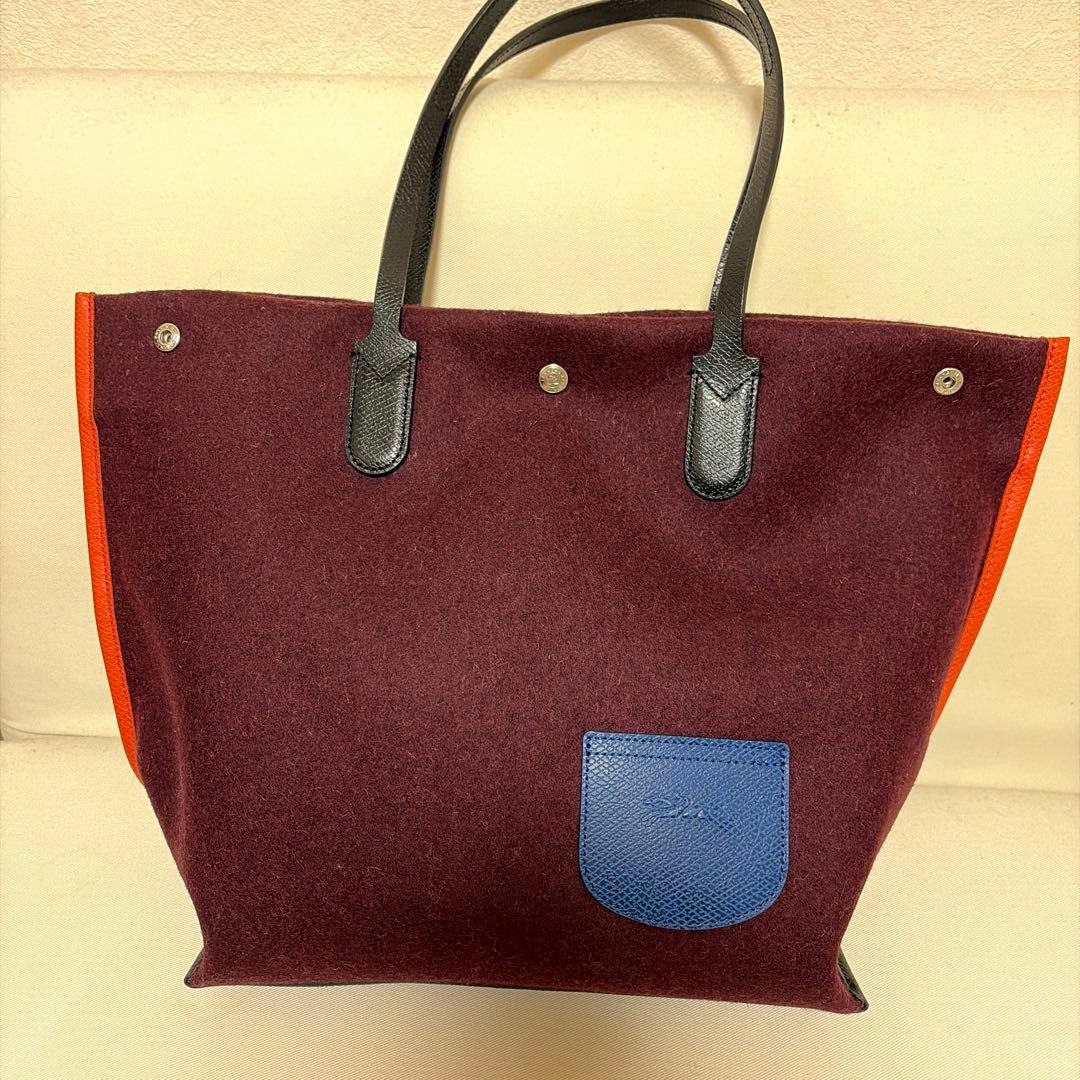 Longchamp Bordeaux Felt Tote Bag Leather Handles Contrast Pocket Women’s