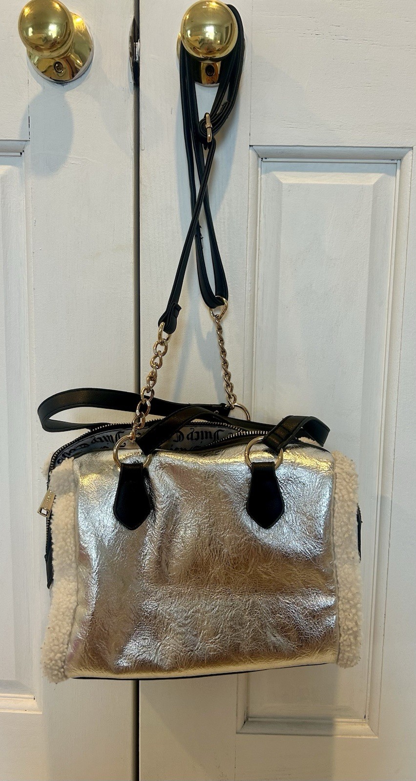 Juicy Couture Silver Metallic Satchel Top Handle Chain Strap Zip Logo Detach
