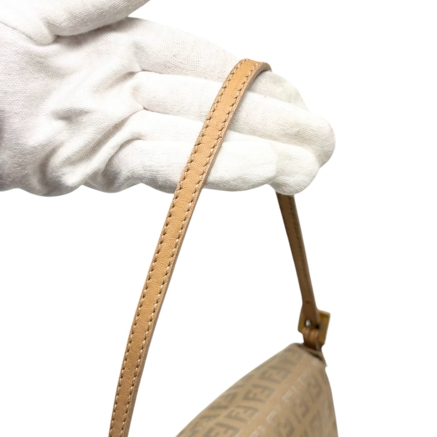FENDI Vintage FF Logo Zucchino Mamma Baguette Shoulder Bag Beige Gold