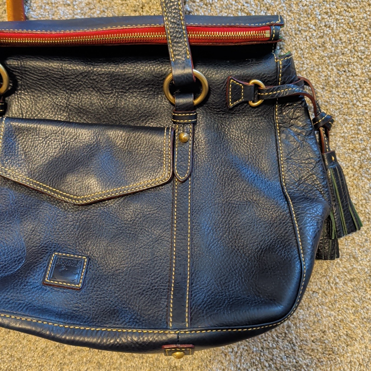Dooney & Bourke Authentic Dark Navy Blue Vachetta Leather Satchel Shoulder Bag.