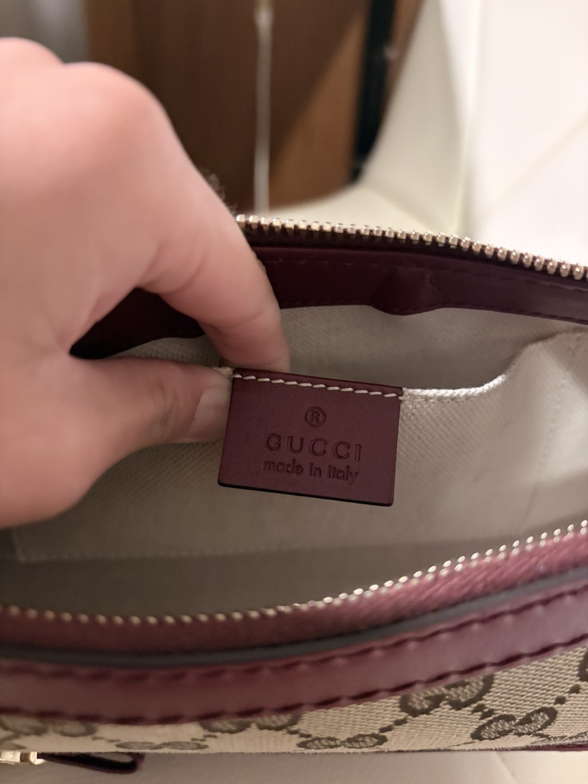 GUCCI Vintage GG Logo Monogram Canvas Mayfair Shoulder Bag Beige Red Ribbon
