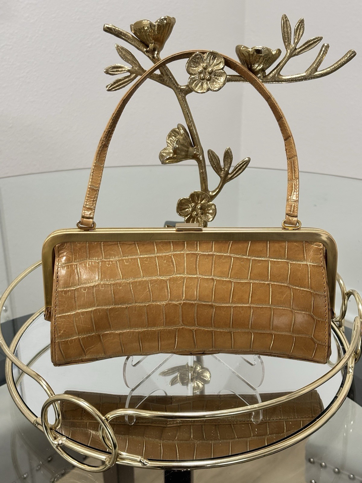 Ann Taylor Retro Style Crocodile Embossed Faux Leather Frame Shoulder Bag Camel