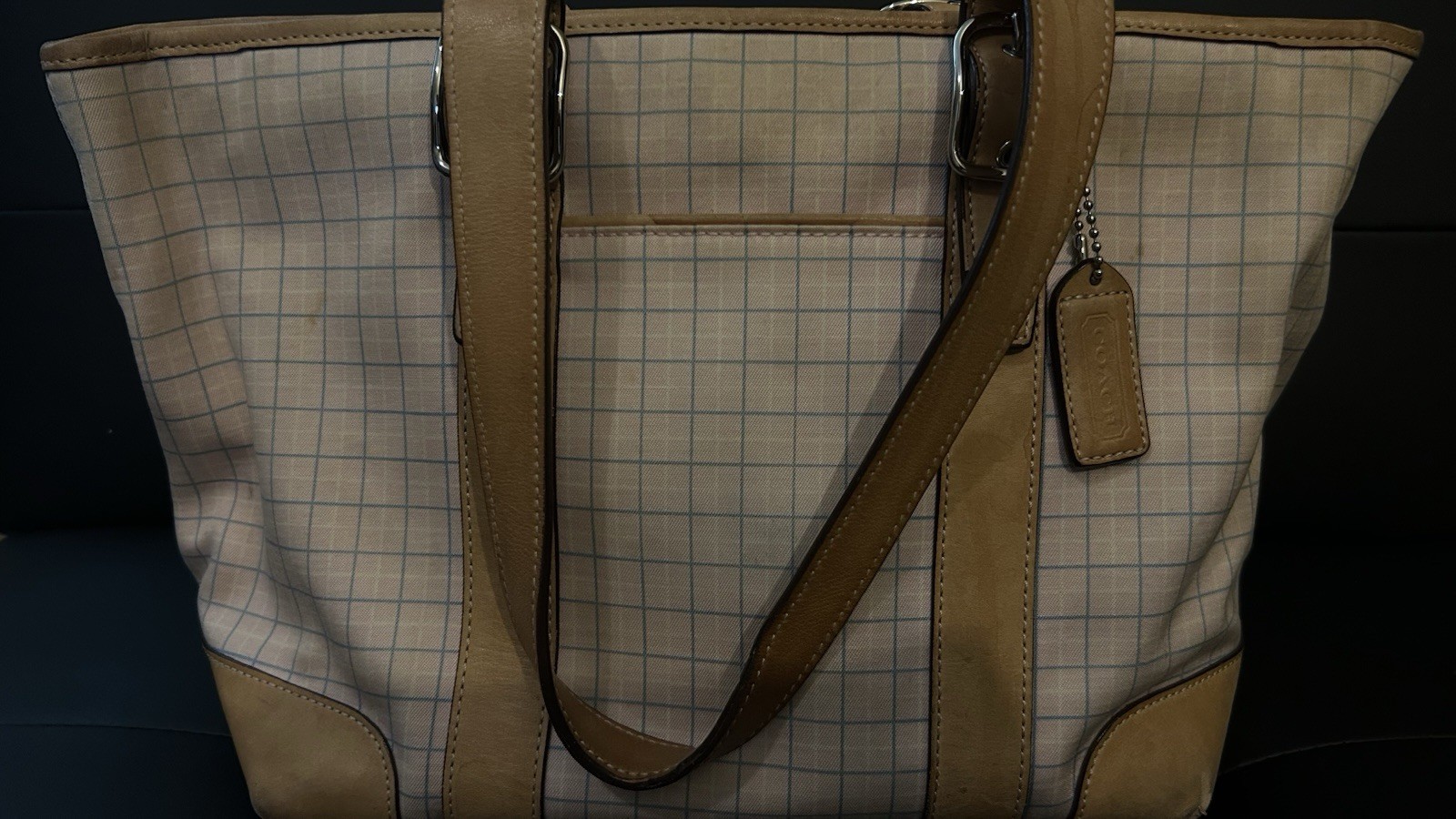 Coach Beige Plaid Large Zip Tote Bag Tan Leather Trim Hang Tag Silver HW