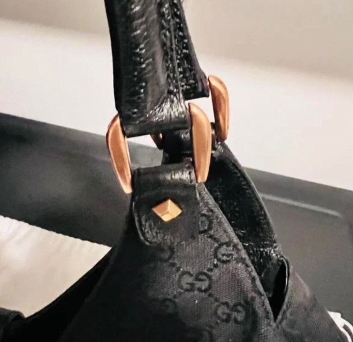 Vintage Gucci GG Monogram Nailhead Jackie Bardot Bag Black Canvas Rose Gold Ital