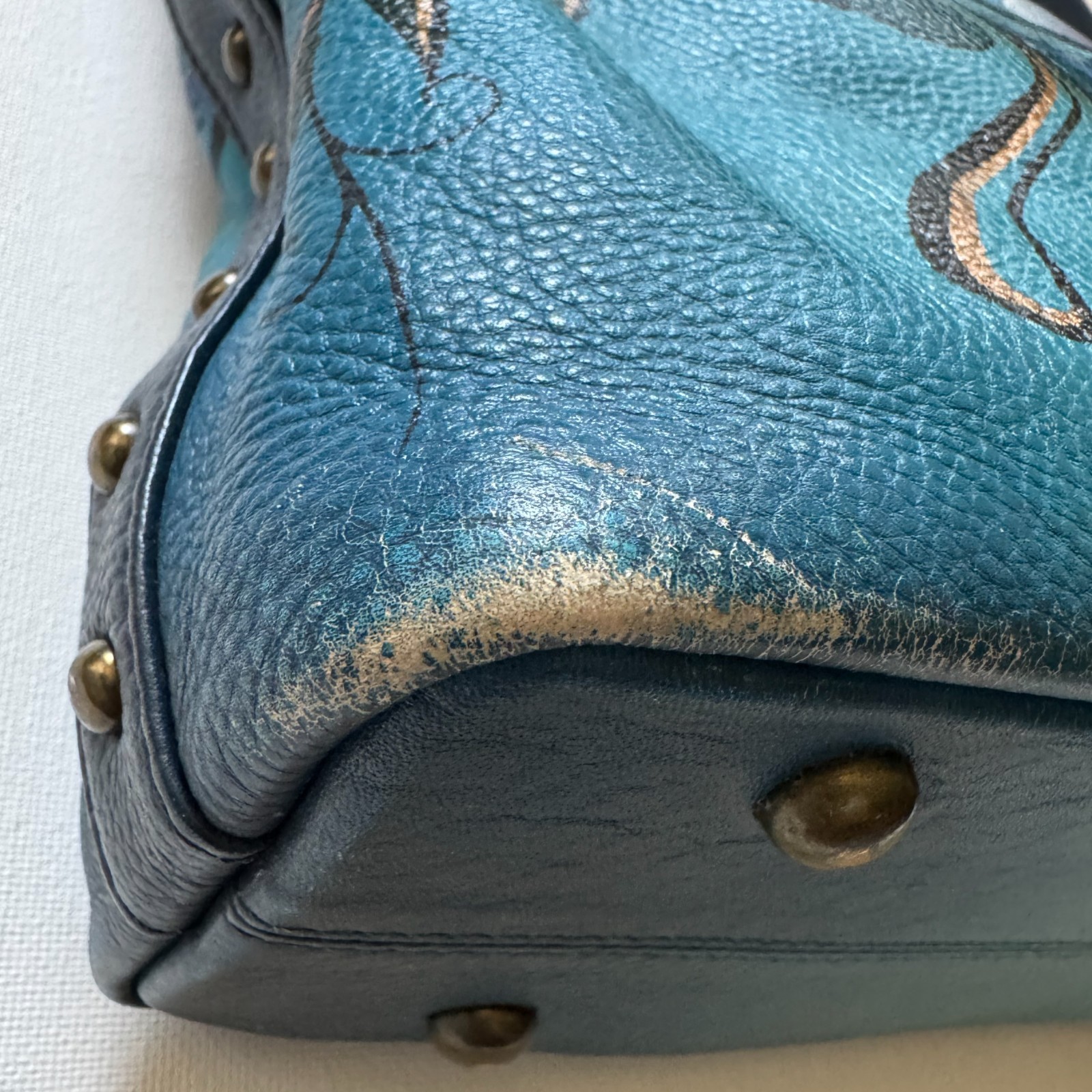 Anna Anuschka Denim Paisley Floral Leather Hobo Bag Purse Handbag Peacock Blue