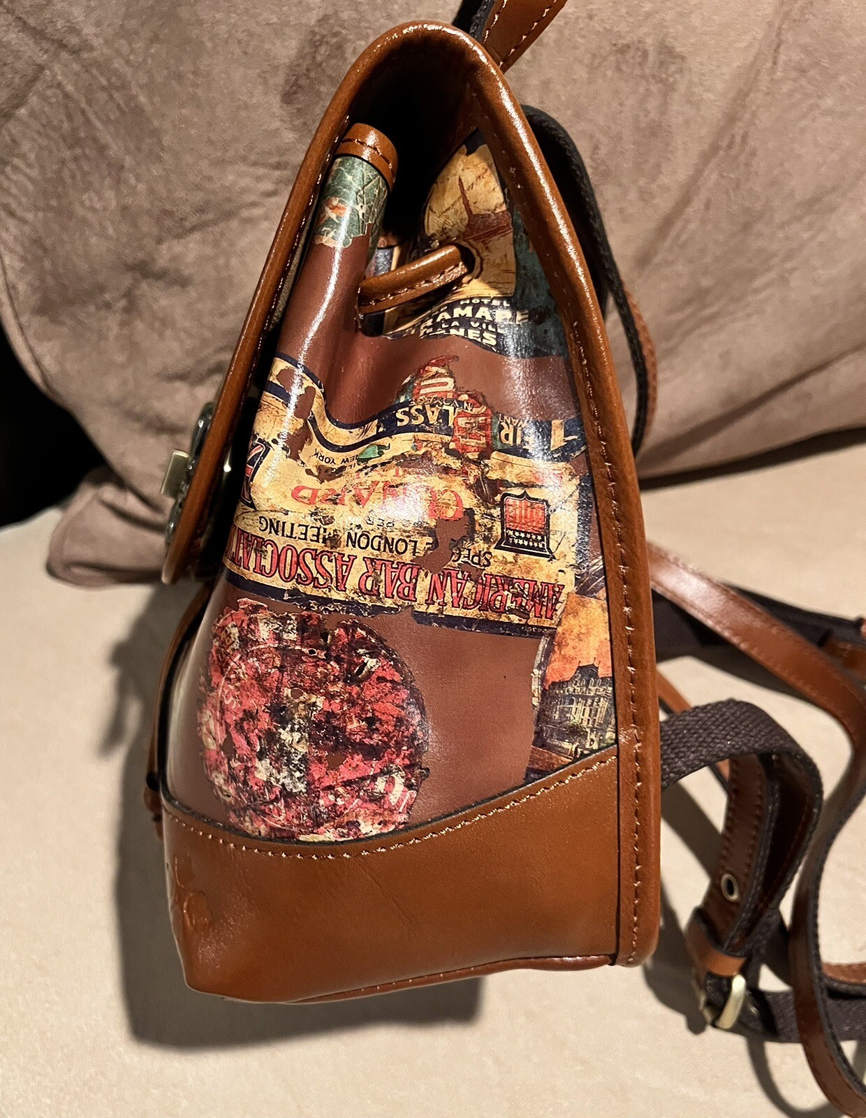 NWT Patricia Nash Saracena Vintage Travel Sticker Brown Tan Leather Backpack Bag
