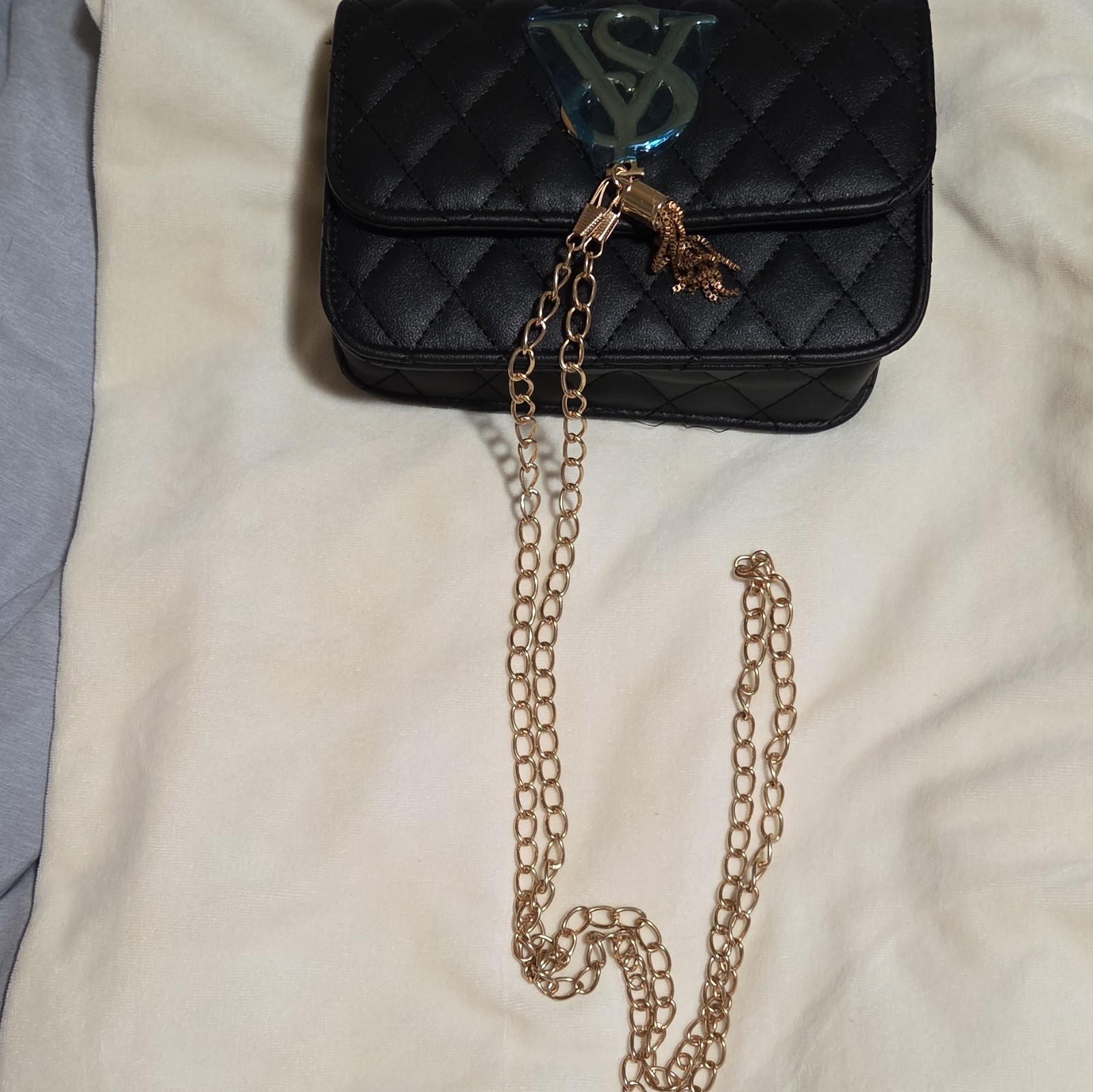 Black Quilted Flap Crossbody Bag Gold Chain Strap Magnetic Closure VS Logo
