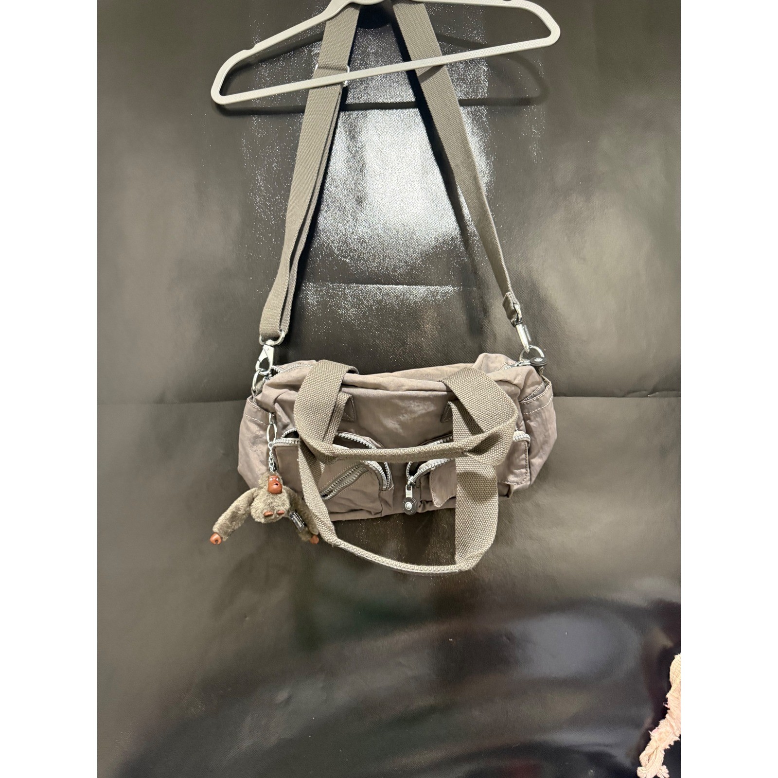 Kipling Defea Grey Crinkle Nylon Handbag Crossbody Bag with Monkey Keychain
