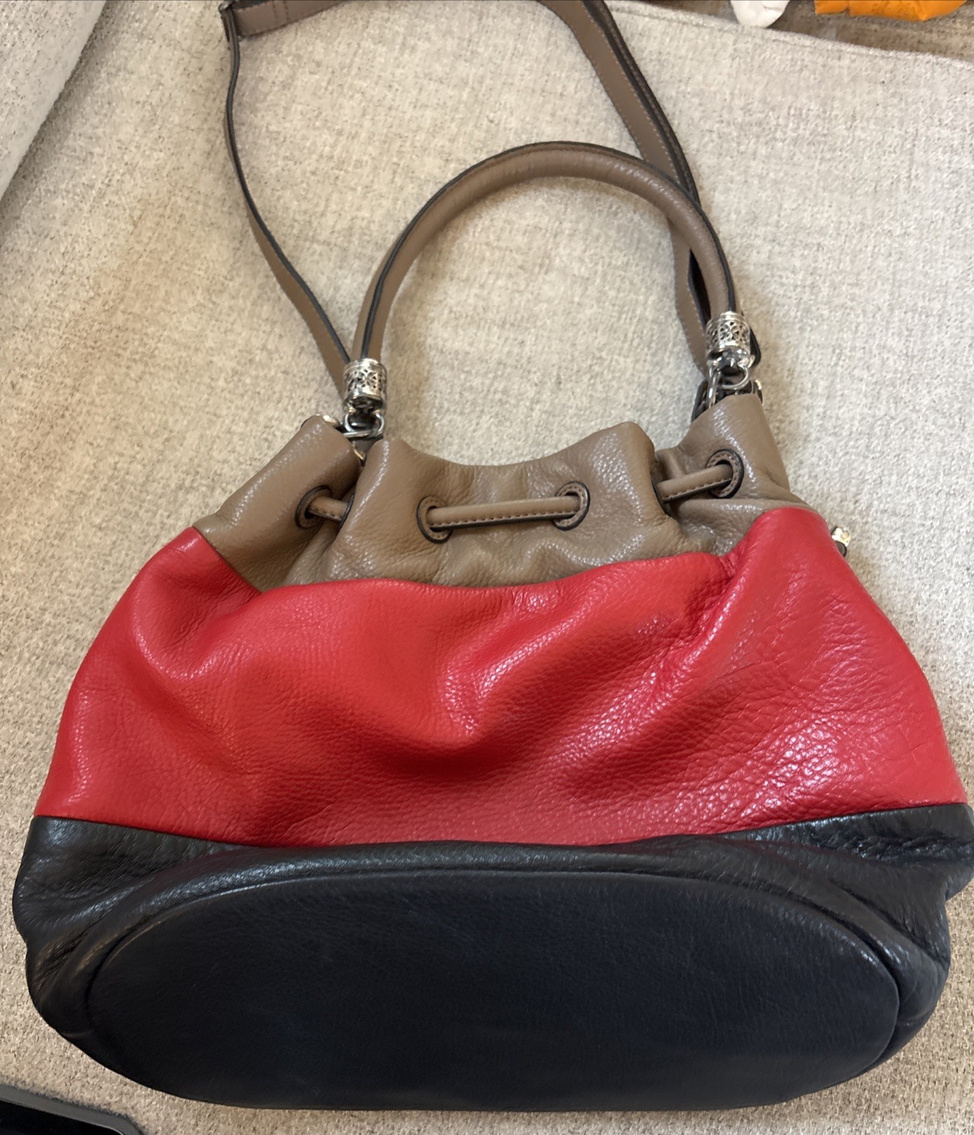 Brighton Brody Hobo Bucket Shoulder Bag Leather Drawstring Red Black Brown