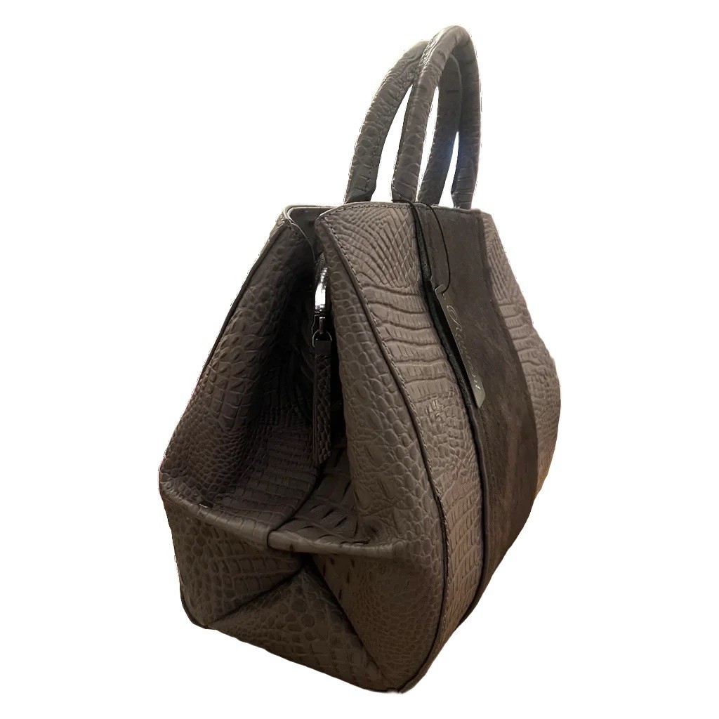 Raviani Satchel Bag in Gray Crocodile & Gray Calfskin Leather