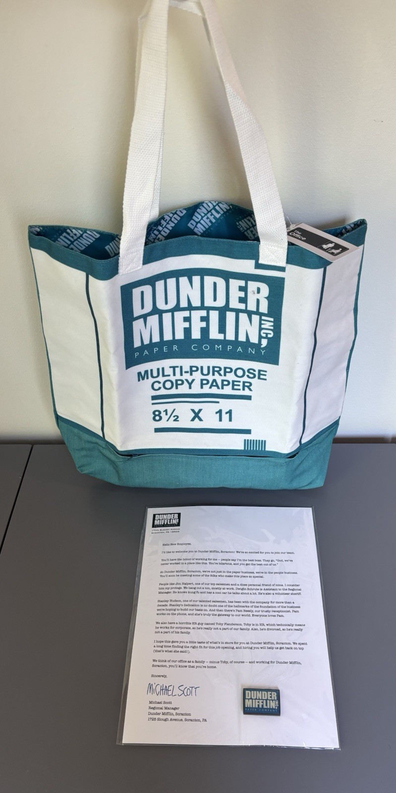 The Office Dunder Mifflin Enamel Pin W/ Welcome Letter & Copy Paper Tote Bag NEW