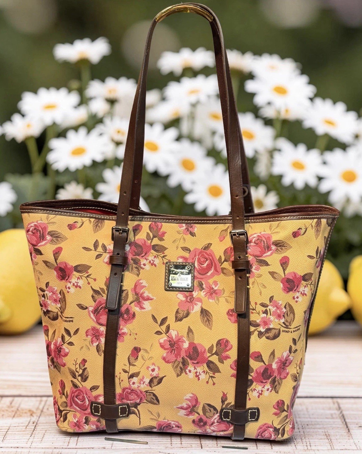Dooney Bourke Pink Yellow Beige Cabbage Rose Floral Large Shopper Tote Bag