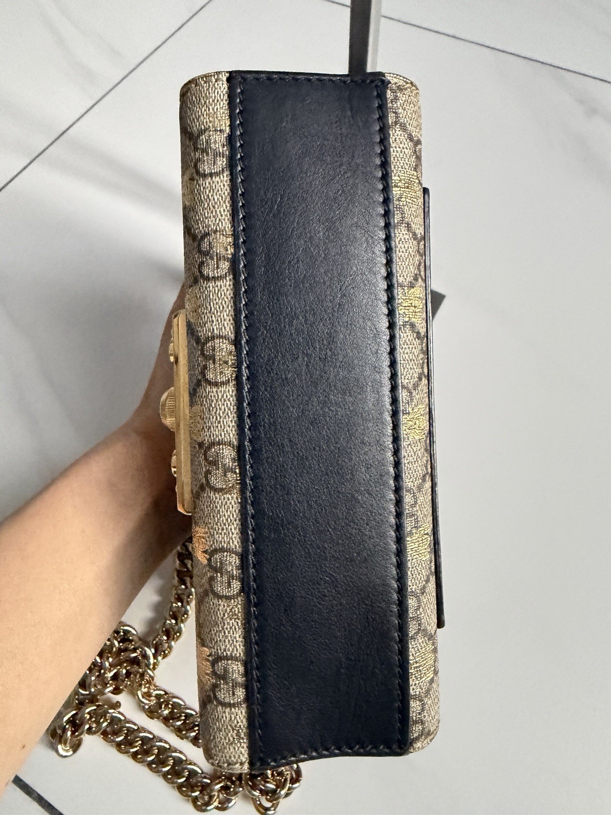 Gucci GG Monogram Shoulder Bag Beige/Black Chain Strap Push Lock Gold HW