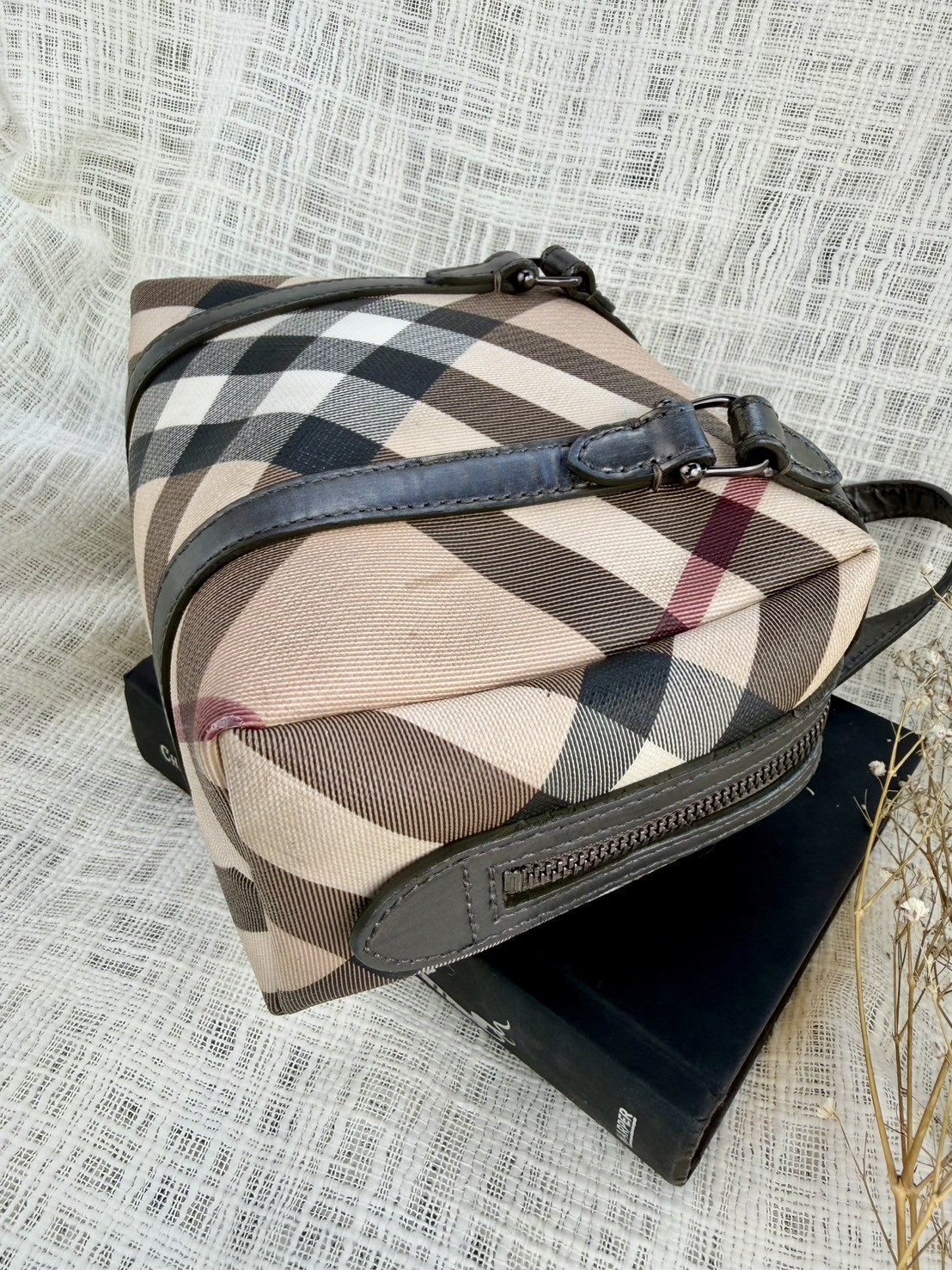 Burberry Nova check mini Boston handbag Beige Check Canvas Leather