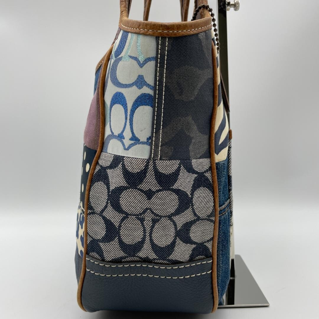 Coach Blue Denim Patchwork Canvas Tote Bag Women Gold Hardware 34cm 13.4in