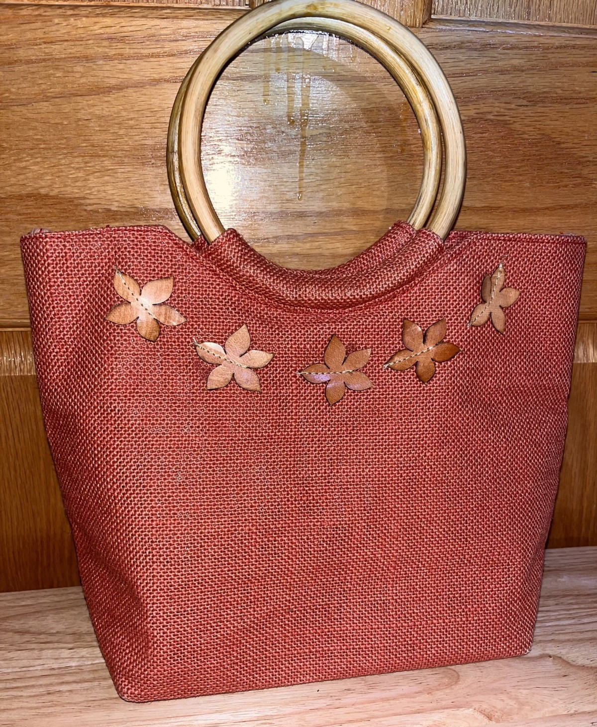 Salmon or Coral 100% Jute Bamboo Handles Tote Beach Purse Bag 12×9″
