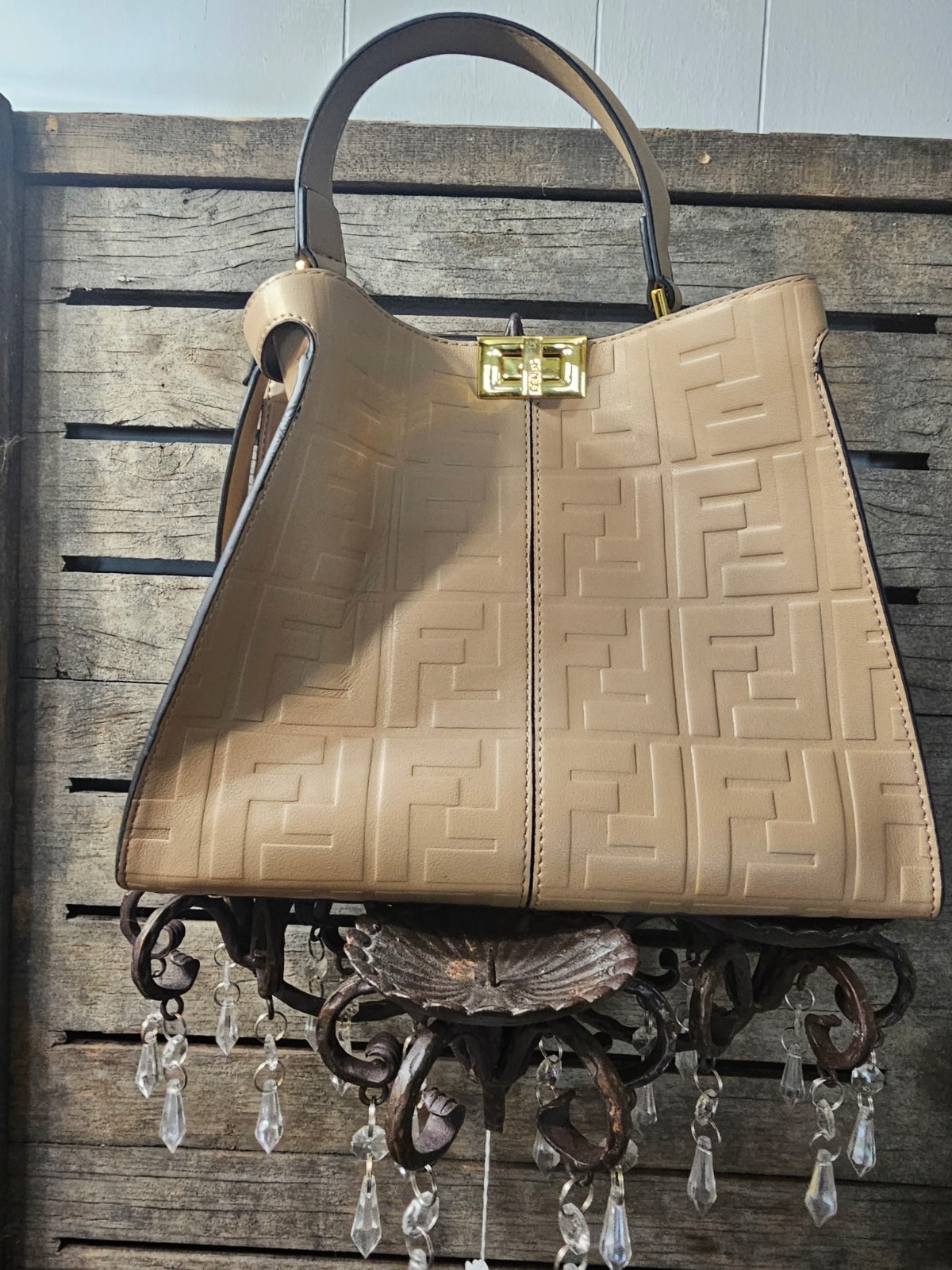 Fendi Beige Embossed Logo Satchel Top Handle, Detachable Strap, Turn Lock