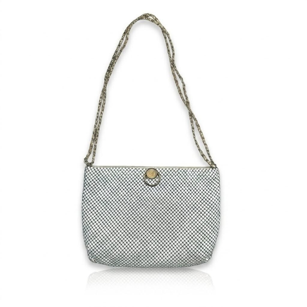 Bueno Vintage Sequin White Metal Mesh Shoulder Bag Gold Tone Chain Strap