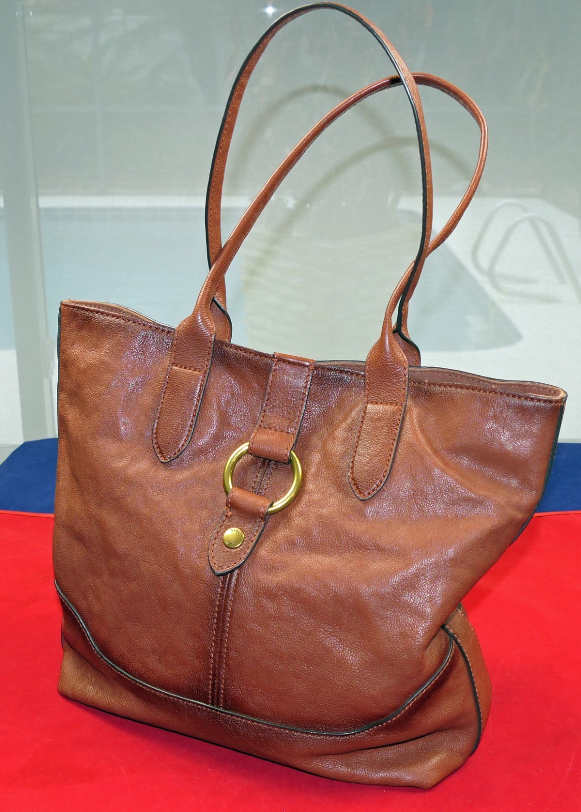 FRYE COGNAC LEATHER DUAL-HANDLE MAGNETIC-CLOSURE FABRIC LINED BRASS~TRIM BAG