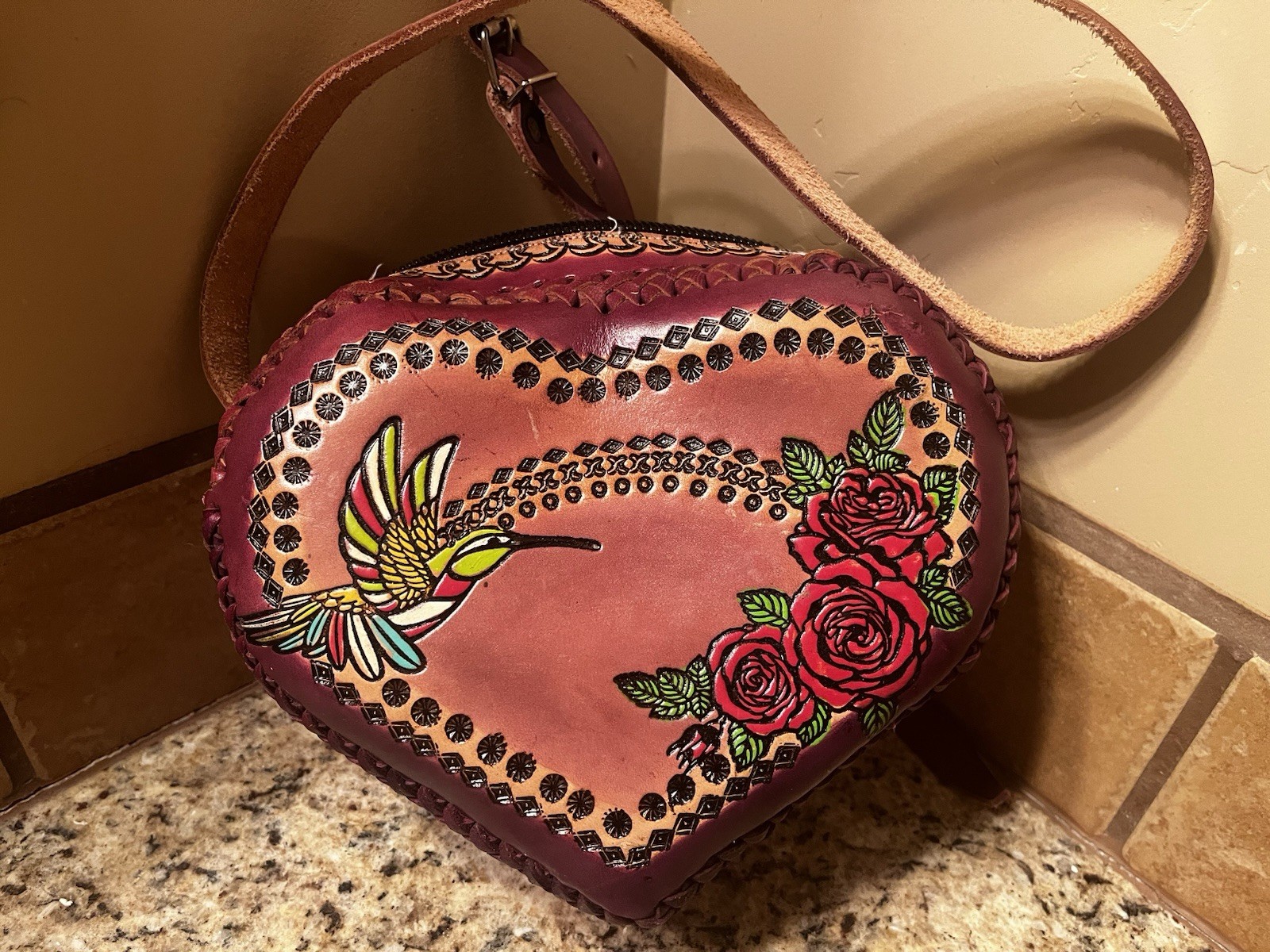 Heart-Shaped Crossbody Bag Floral Hummingbird Mexican Leather