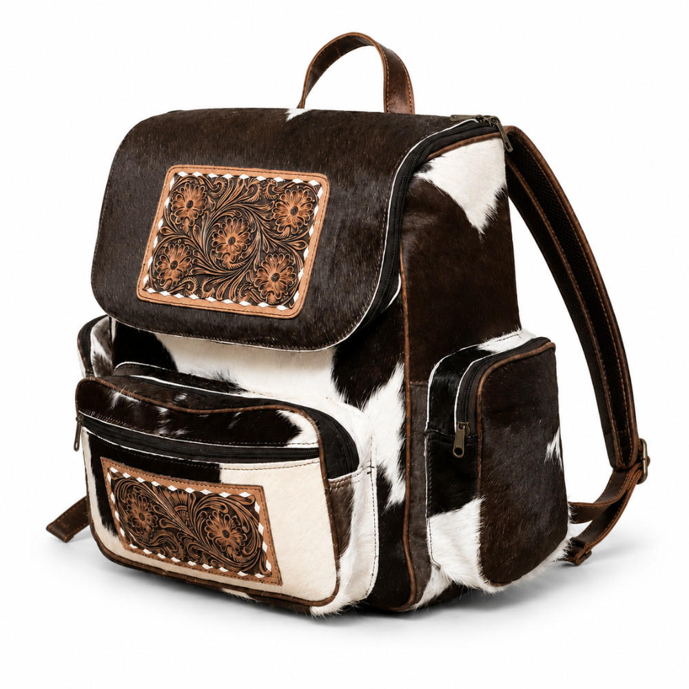 Hair On Cowhide Leather Backpack Western Tooled Travel Rucksack Women Bag