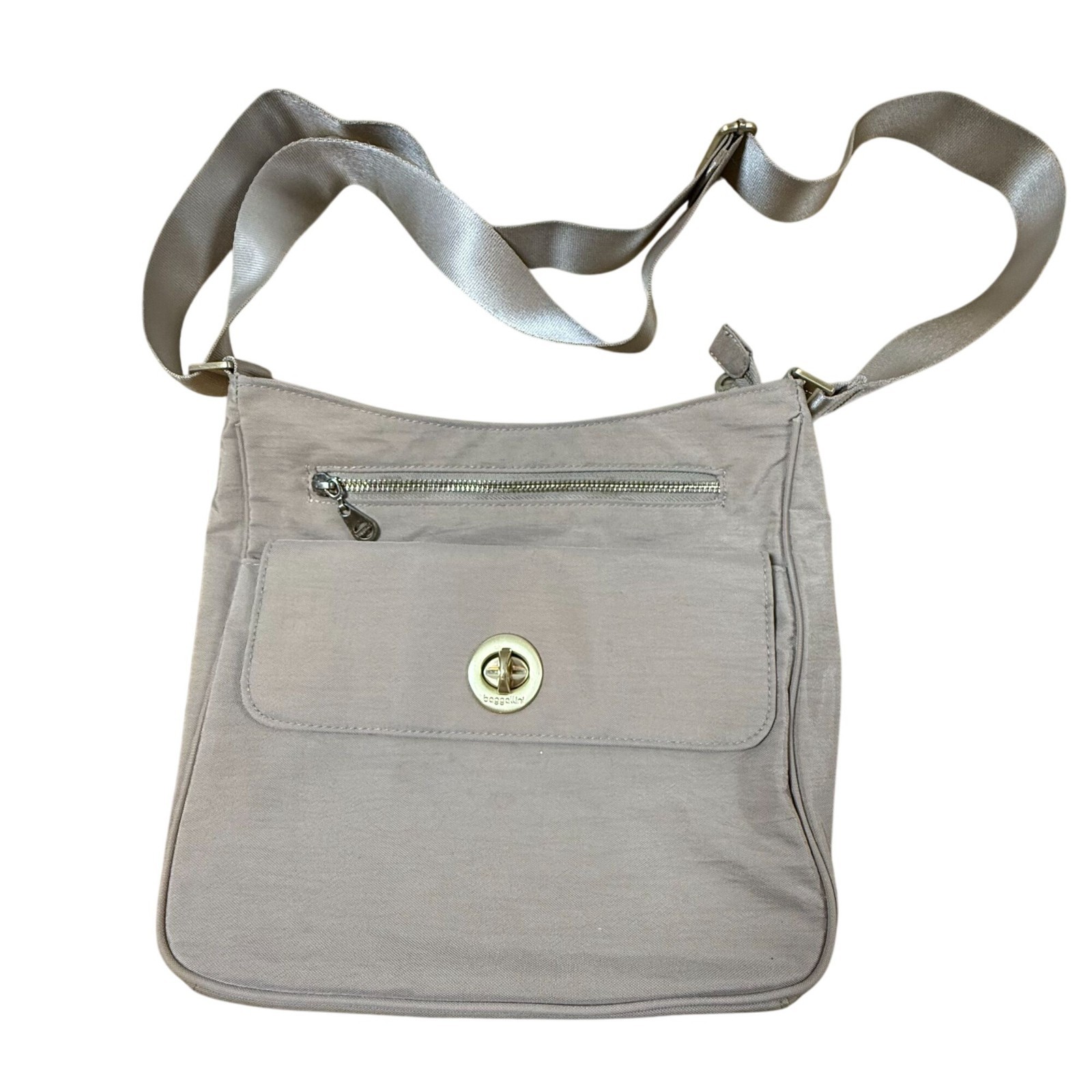 Baggallini Antalya Top Zip Flap Crossbody Bag Purse Kiss Lock Tan Beige Stone