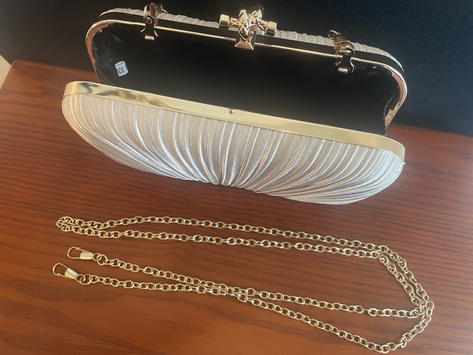Champagne Pleated Satin Evening Clutch, Gold-tone Chain Sunburst/Seashell design