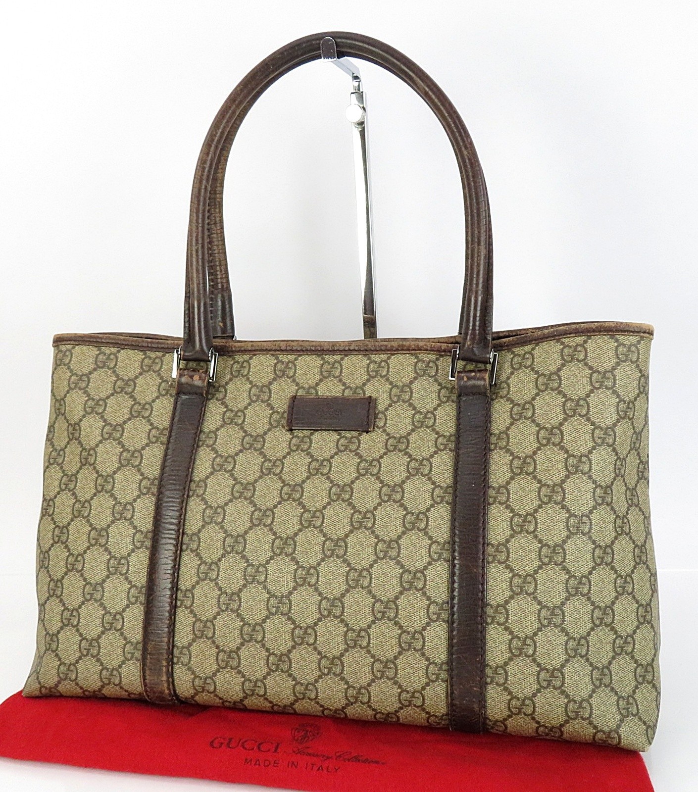 Authentic GUCCI Brown GG PVC Canvas Supreme and Leather Tote Bag Purse #63557