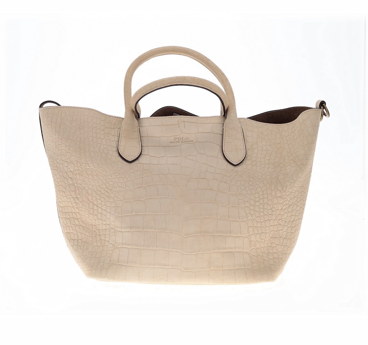 Polo Ralph Lauren Suede Croc Embossed Medium Bellport Tote Bag Leather Purse Tan
