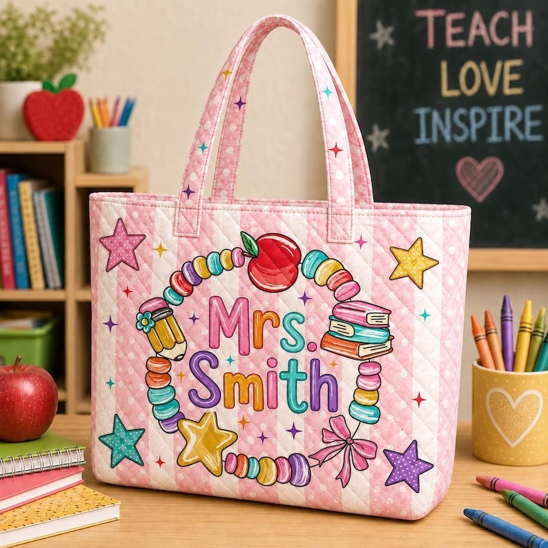 Personalized Teacher Quilted Tote Bag, Coquette Custom Name Teacher Appreciation