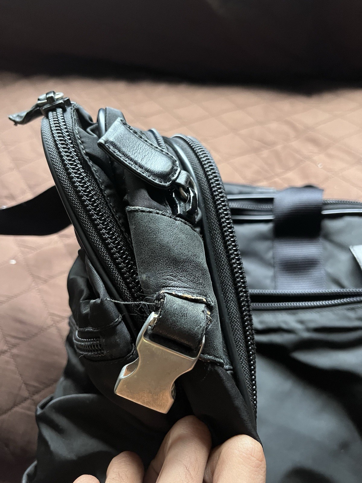 PRADA Black Top Handle Bag Zip Closure Logo Accents Silver Hardware Tag