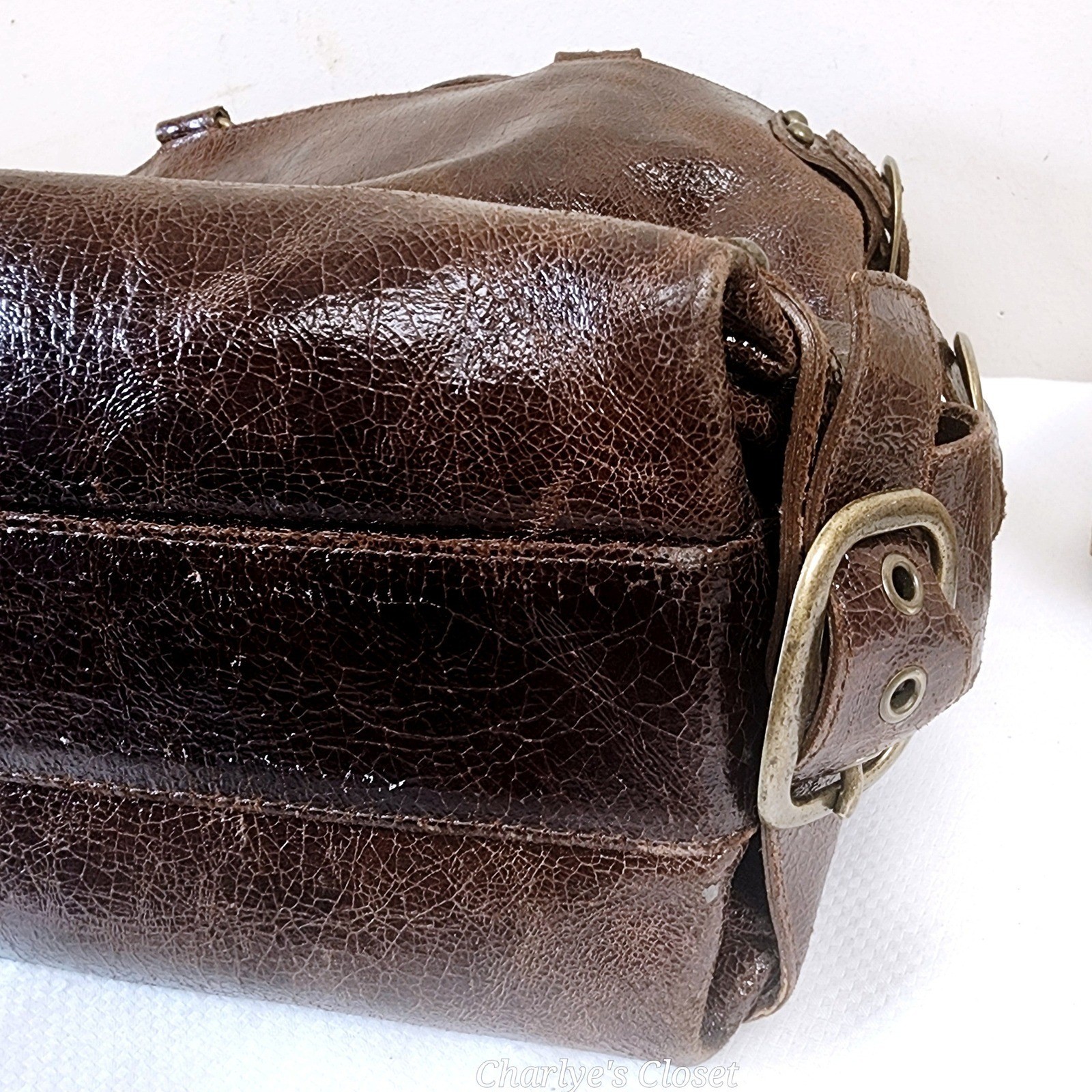 KOOBA Brown Distressed Leather Brass Studded Satchel Bag Boho Statement Edgy