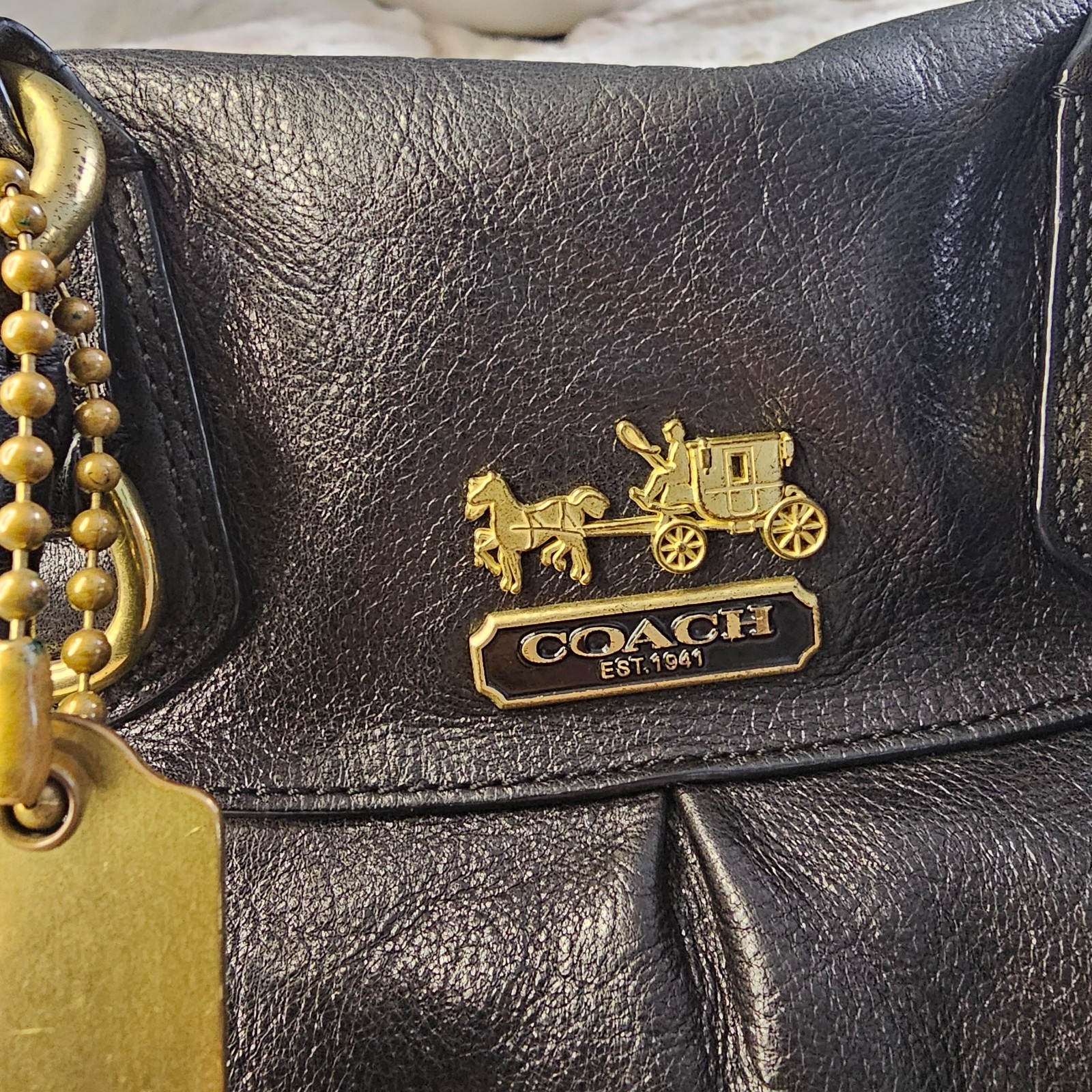 Coach Madison Sabrina Black Leather Satchel Handbag Purple Silk Lining 12949