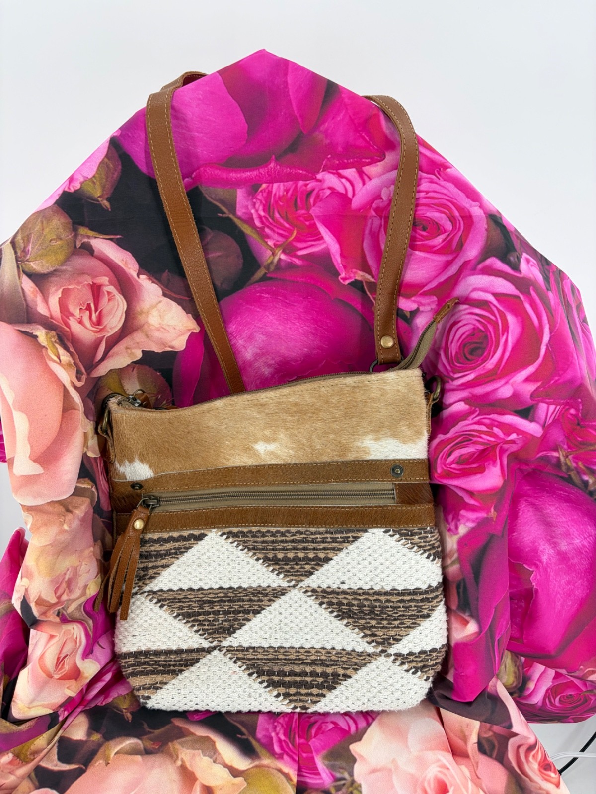 Myra Pre-loved Cowhide, Leather, and Cotton Crossbody Purse with Zip Closure