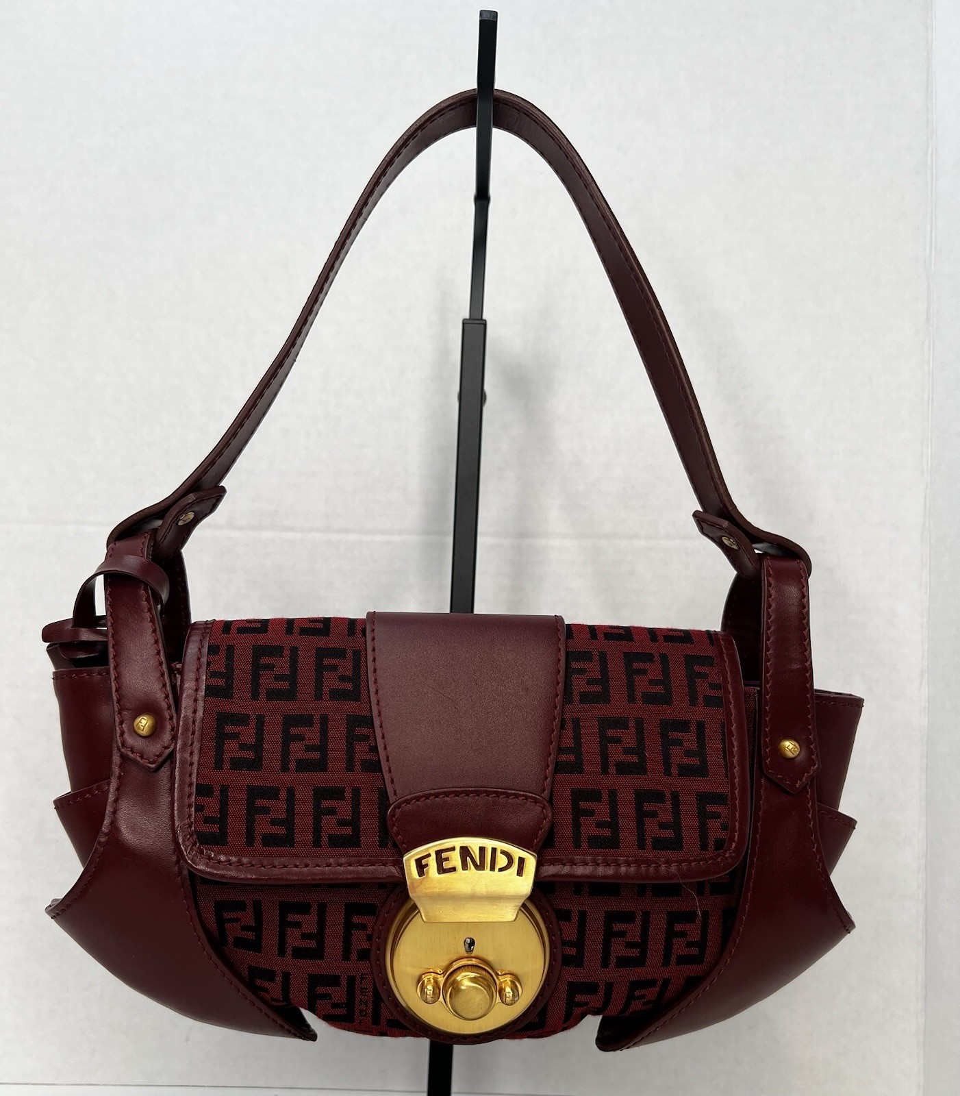Authentic FENDI Zucca Bordeaux Burgundy FF Canvas Leather Shoulder Bag