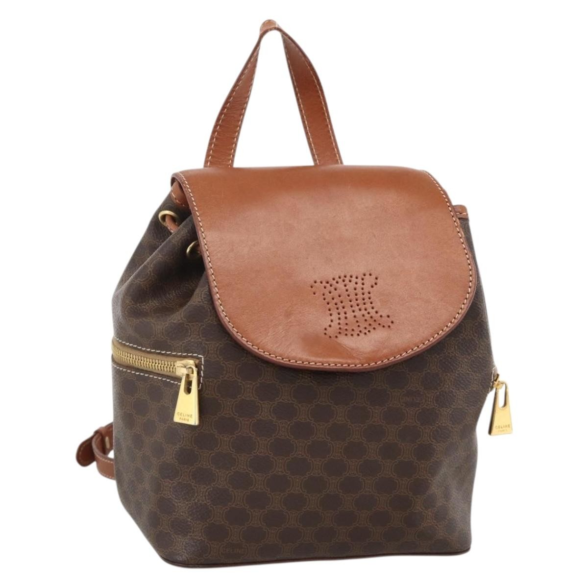 CELINE Macadam Canvas Backpack PVC Leather Brown Gold Auth BAZ067A