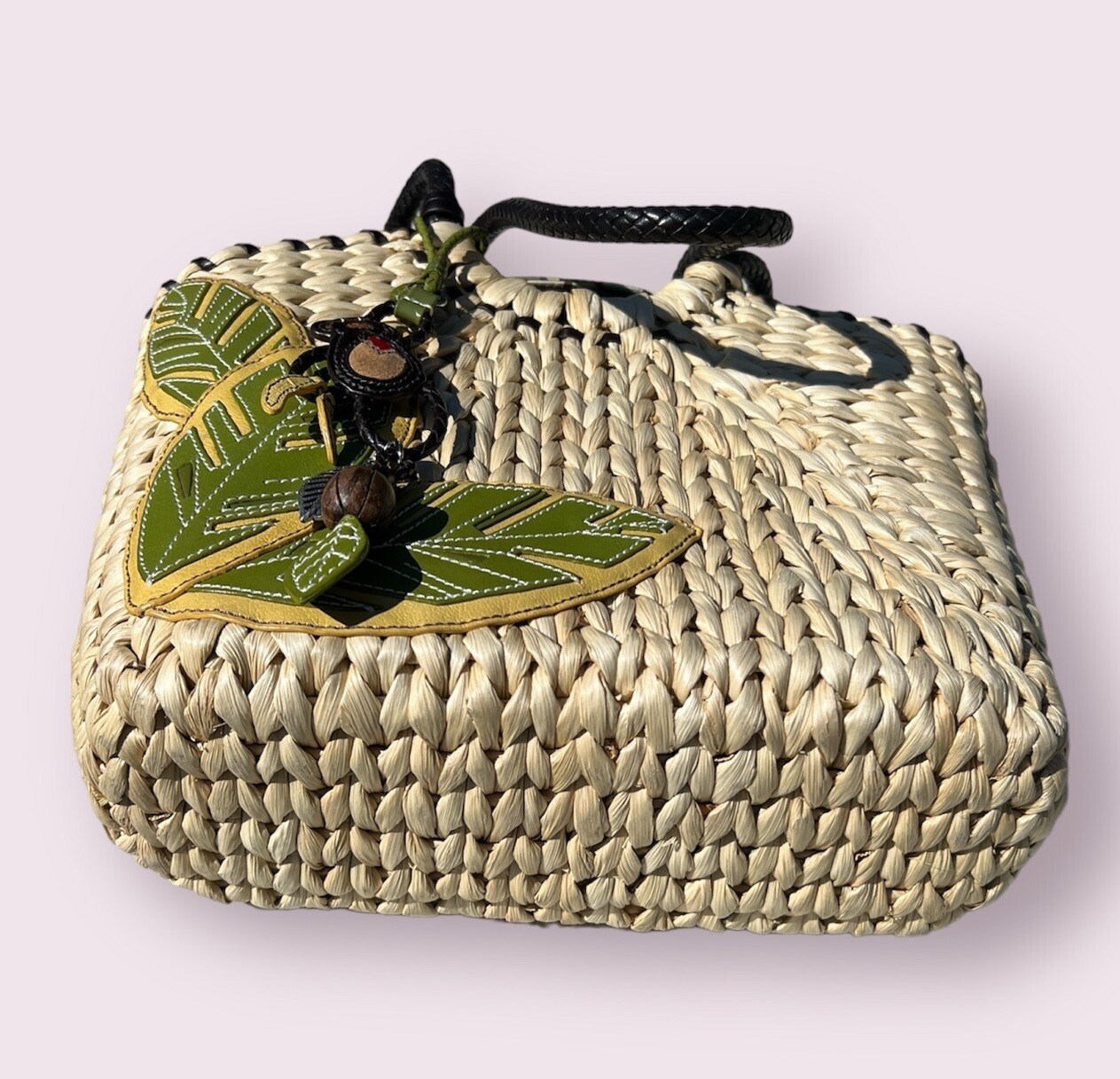 BRIGHTON MACY MONKEY HEART CHARMED TROPICAL LEATHER APPLIQUE SHOULDER HANDBAG