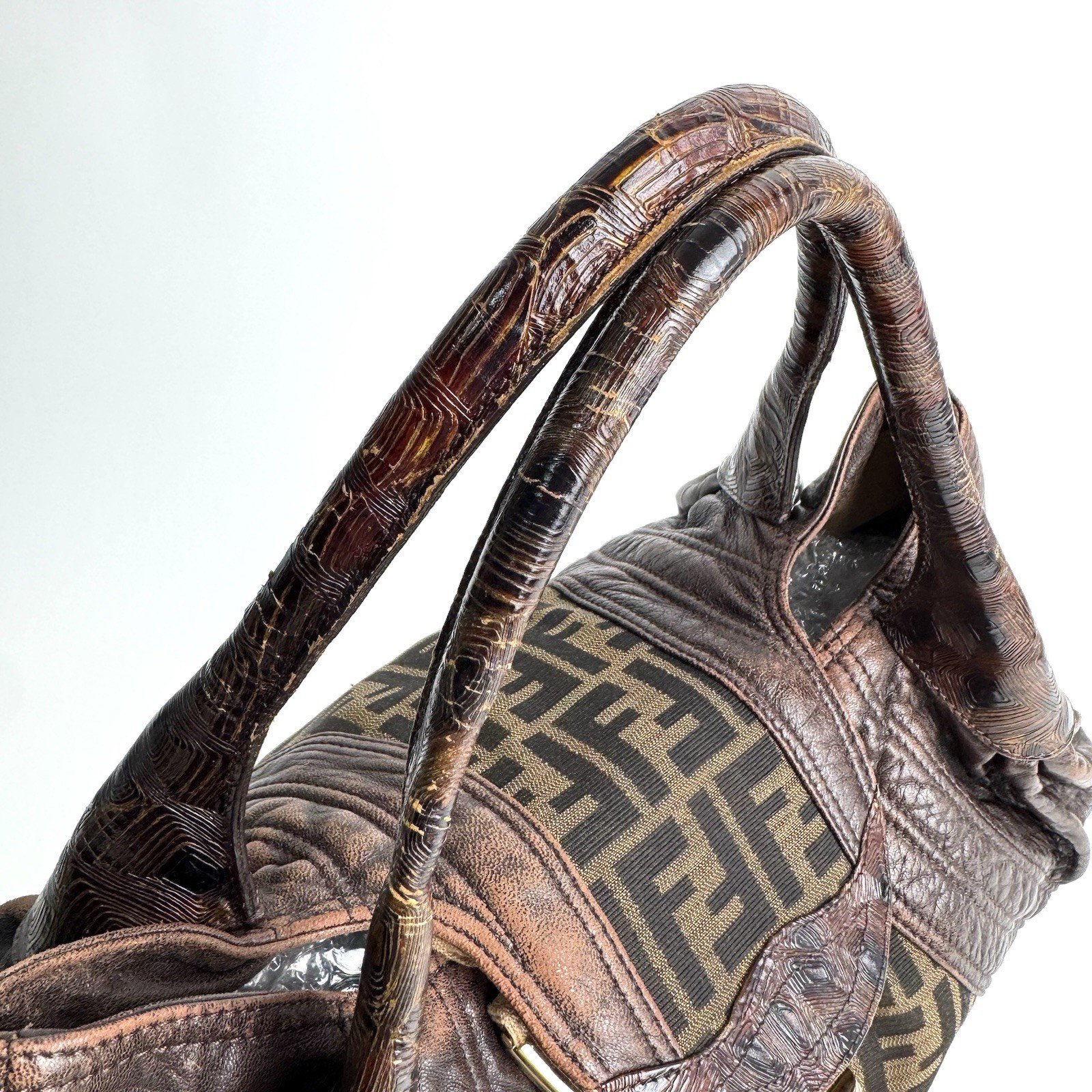 FENDI Spy Zucca Shoulder Bag HandBag Canvas Leather Dark Brown Auth Y2K e126
