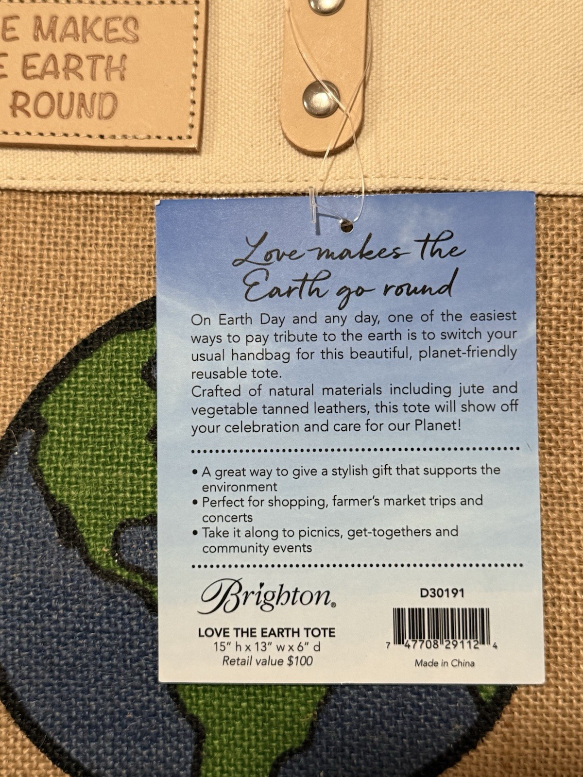 Brighton Limited Edition Love Makes the Earth Go Round Jute Tote NWT