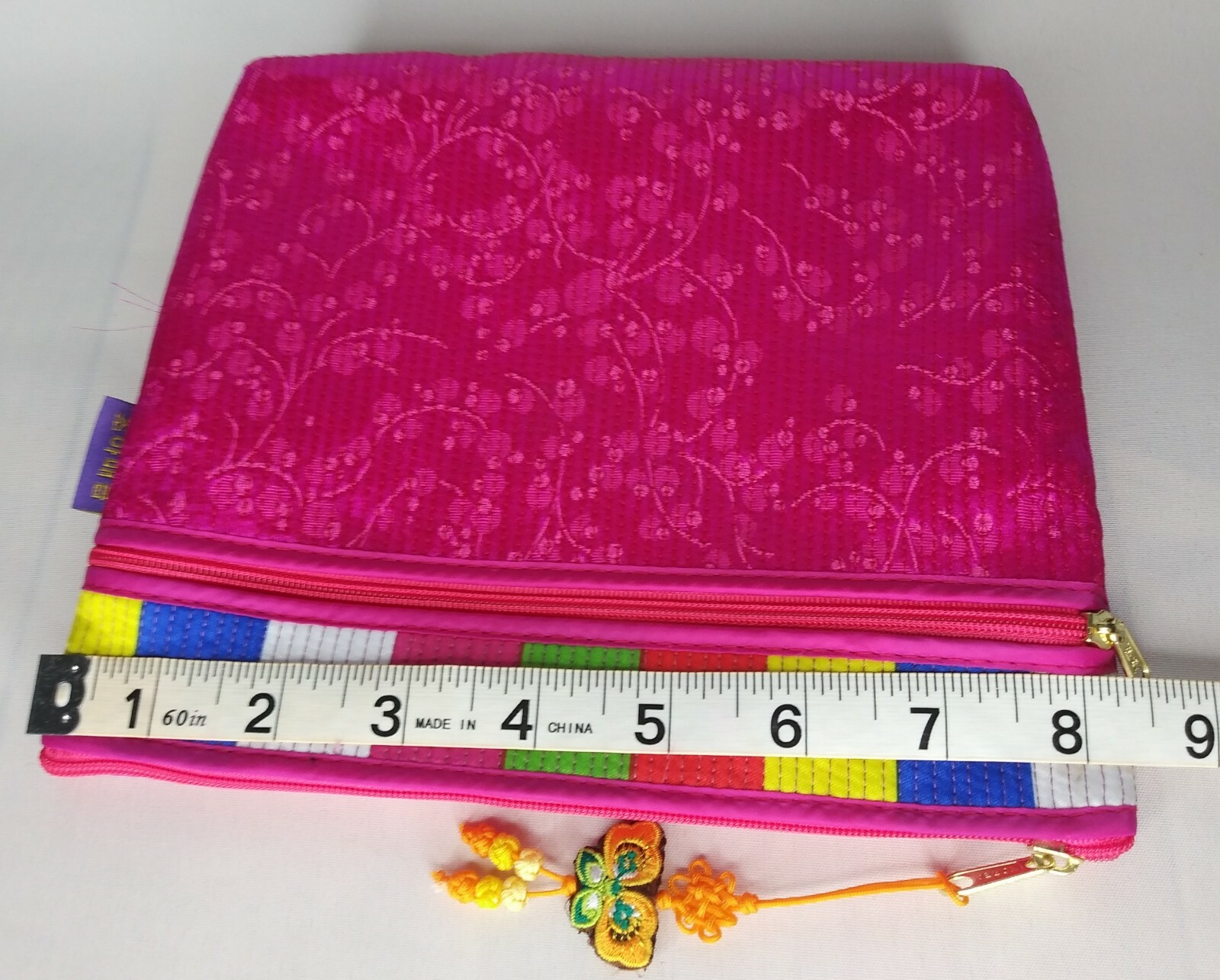 Small Silky Pink Clutch Zippered Purse Made In Korea Butterfly Detail