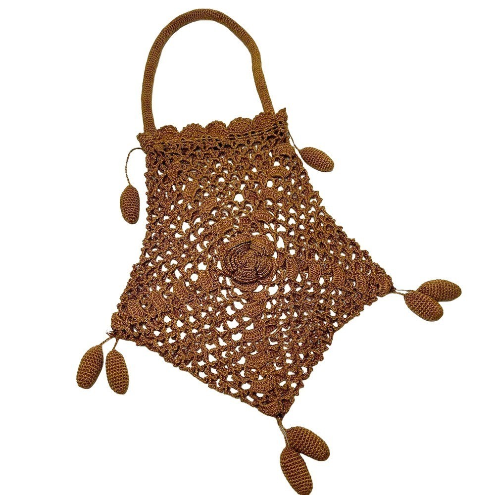 Vintage Handmade Open Crochet Drawstring Handbag Purse Bag Unlined