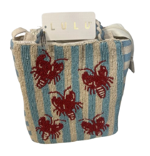 Lulu Beaded Wt Blue Red Lobster Crossbody Tote Nautical Beach Coastal Resort Bag