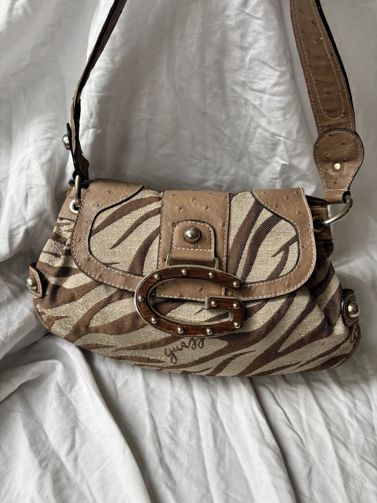 Guess Zebra Jacquard Shoulder Bag Ostrich Embossed Trim Y2K Baguette Purse