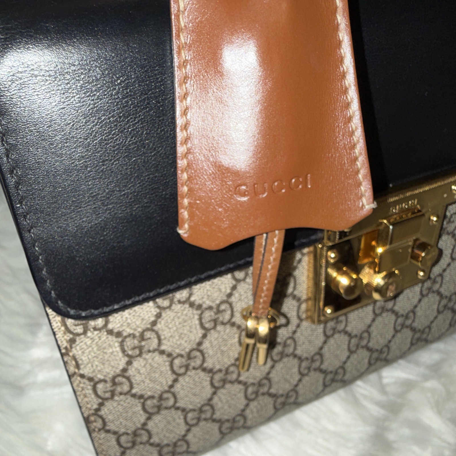 Gucci GG Top Handle Bag, Beige/Brown/Black, Gold Hardware, Lock, Strap