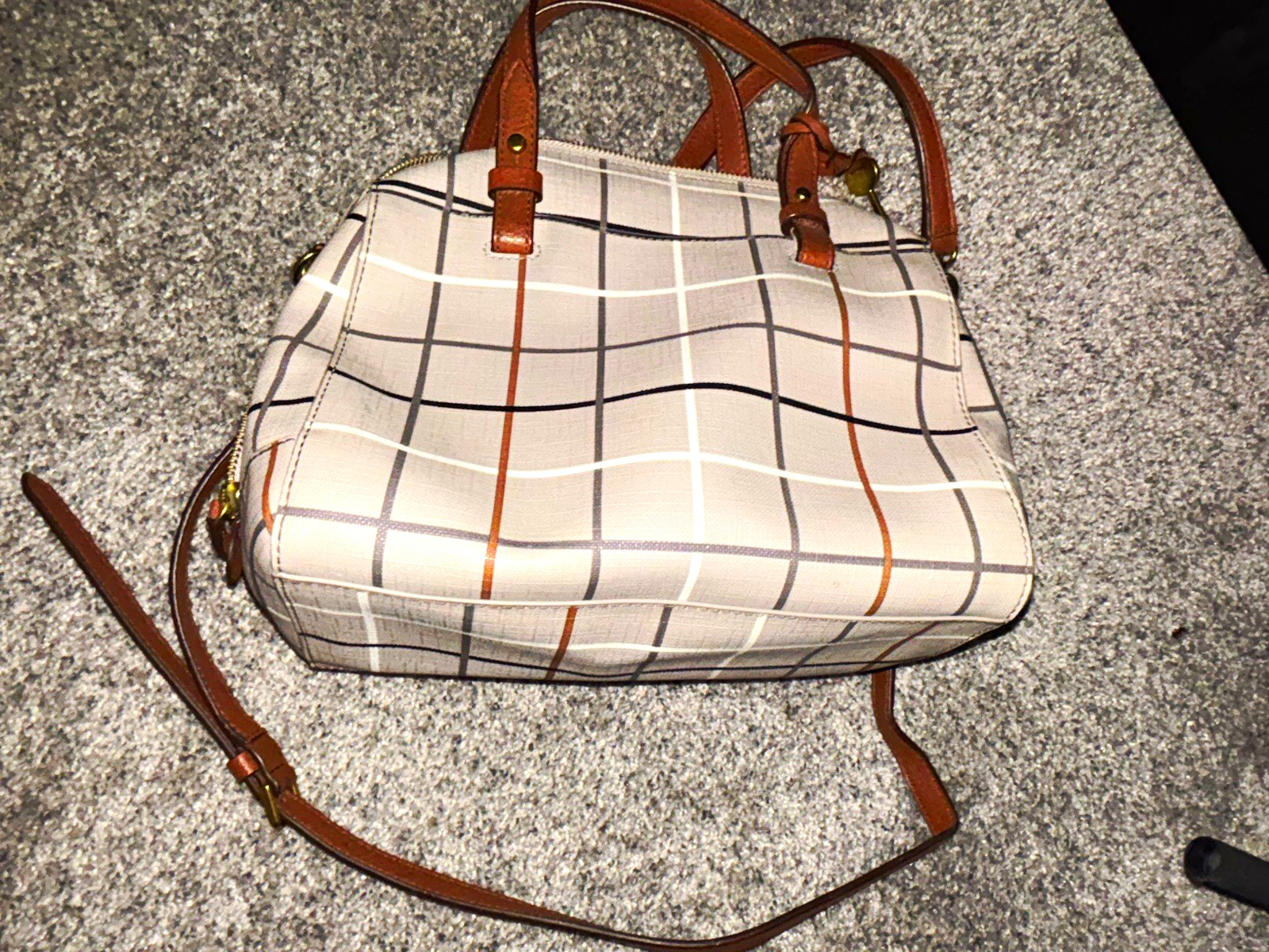 FOSSIL Women’s Beige Plaid Satchel Top Handle Bag Zip Detachable Strap Gold