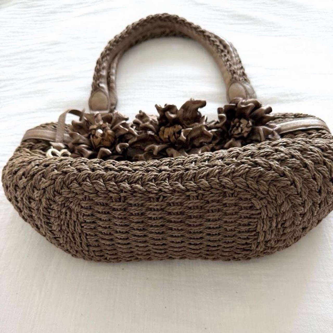 Y2K Brighton Brown Woven Shoulder Bag w/ 3D Flowers