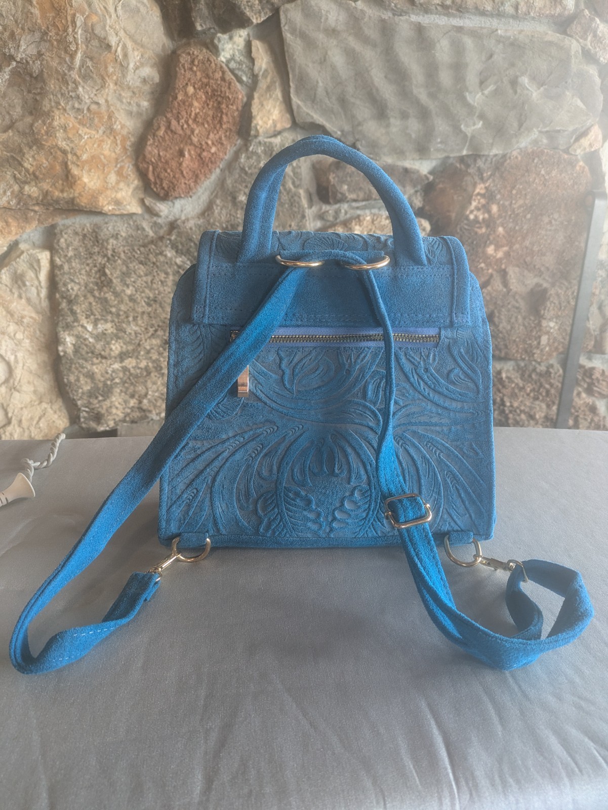Handmade Turquoise Blue 100% Leather (Suede) Paisley Pattern Backpack/ Purse NWT